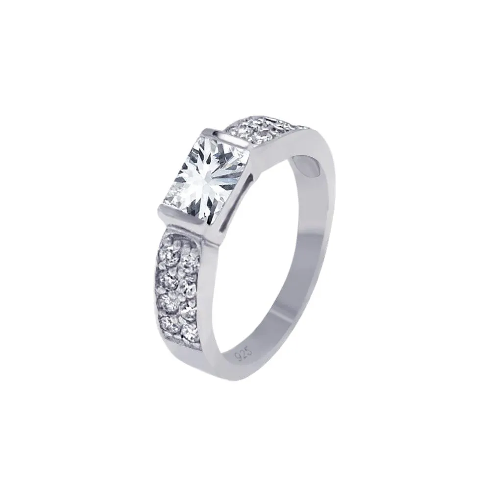 Silver 925 Rhodium Plated Lavender Rectangular Center Pave CZ Ring - AAR0002LAV