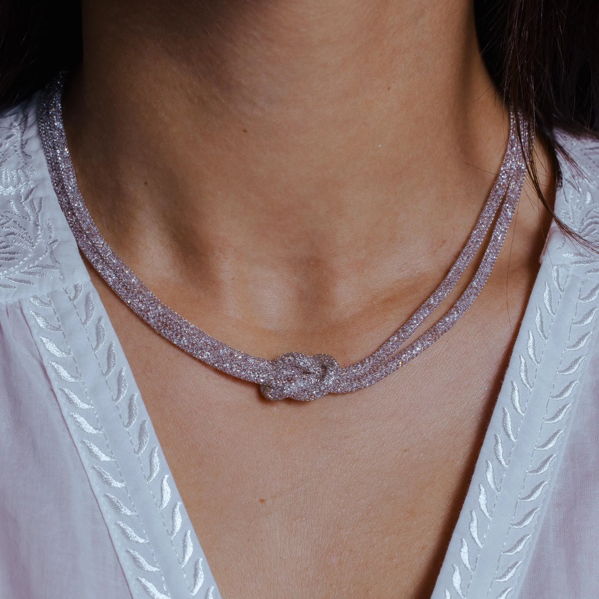 Silver 925 Rhodium Plated Mesh with Crystals Stones Necklace - ECN00010RH