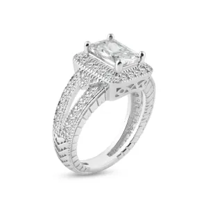 Silver 925 Rhodium Plated Micro Pave Clear Cluster CZ Square Ring - ACR00006