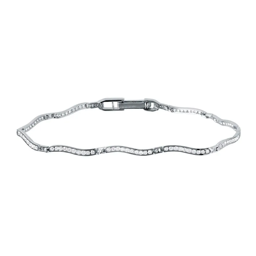 Silver 925 Rhodium Plated Minimal Design Wavy CZ Inlay Bracelet - GMB00023RH