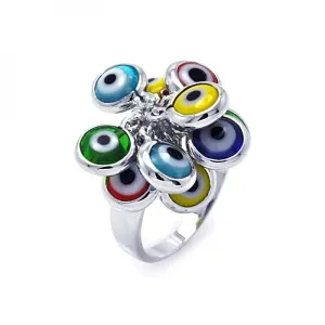 Silver 925 Rhodium Plated Multi Colored Hanging Evil Eye Ring - BGR00258