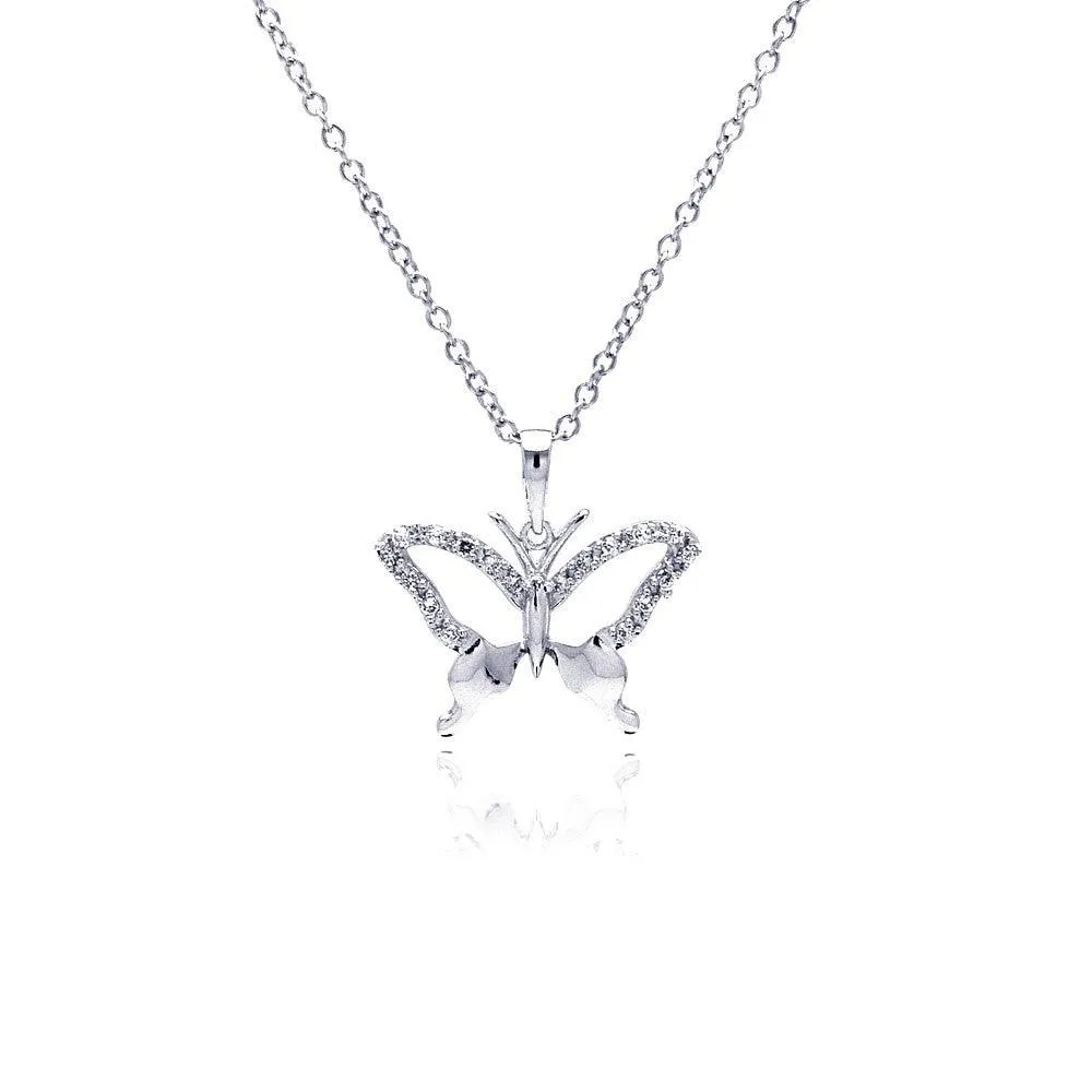 Silver 925 Rhodium Plated Open Butterfly CZ Necklace - BGP00370