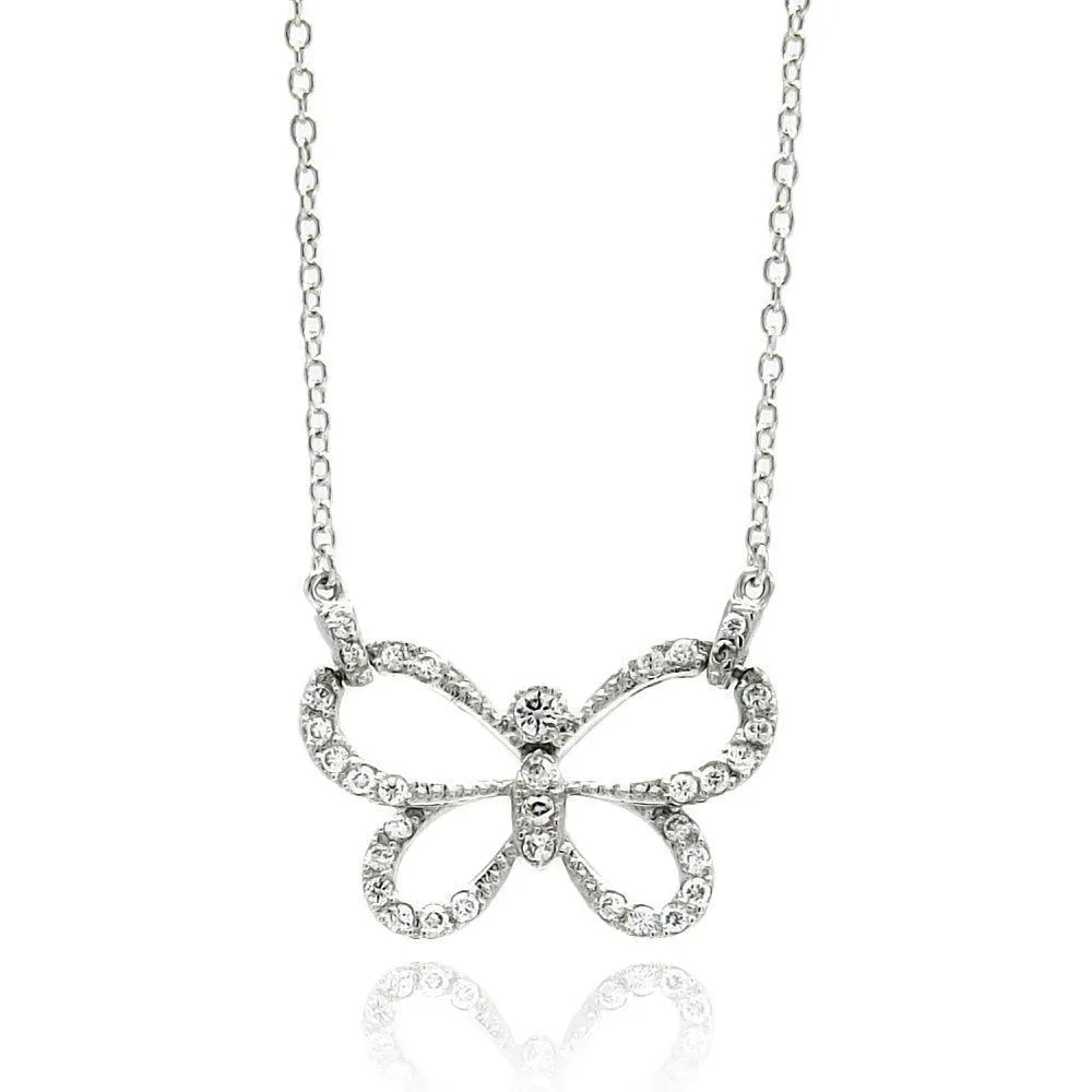 Silver 925 Rhodium Plated Open Butterfly CZ Necklace - BGP00427