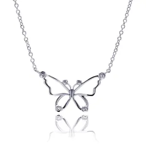 Silver 925 Rhodium Plated Open Butterfly Outline Clear CZ Pendant Necklace - BGN00042