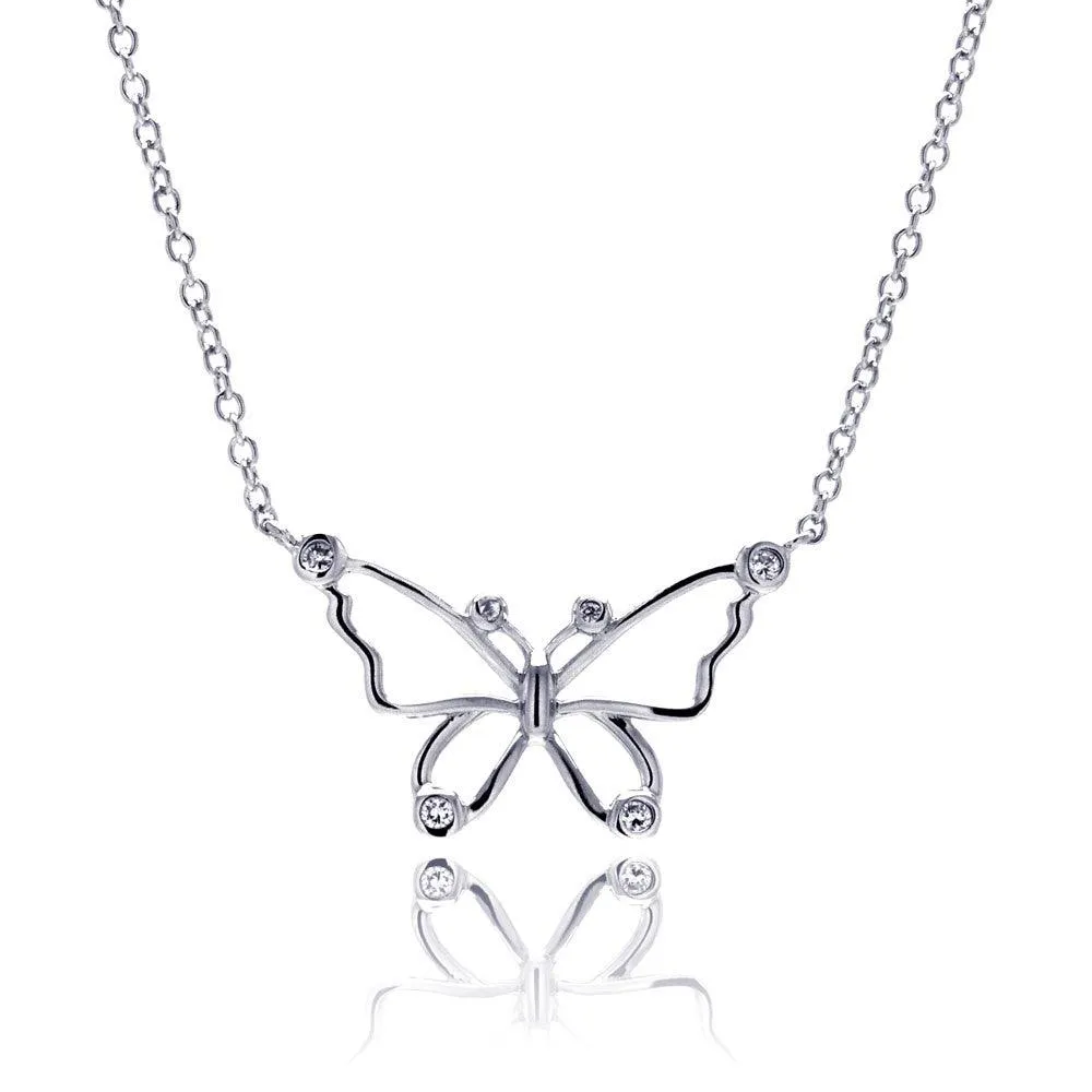 Silver 925 Rhodium Plated Open Butterfly Outline Clear CZ Pendant Necklace - BGN00042