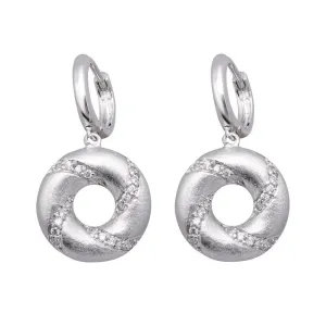 Silver 925 Rhodium Plated Open Circle Stripped CZ Dangling huggie hoop Earrings - BGE00136