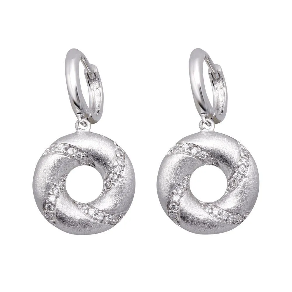Silver 925 Rhodium Plated Open Circle Stripped CZ Dangling huggie hoop Earrings - BGE00136