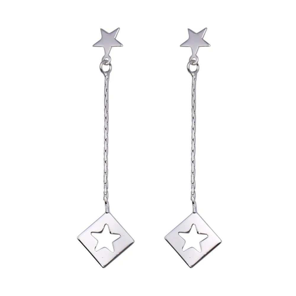 Silver 925 Rhodium Plated Open Dangling Wire Heart Hook Earrings - DSE00030