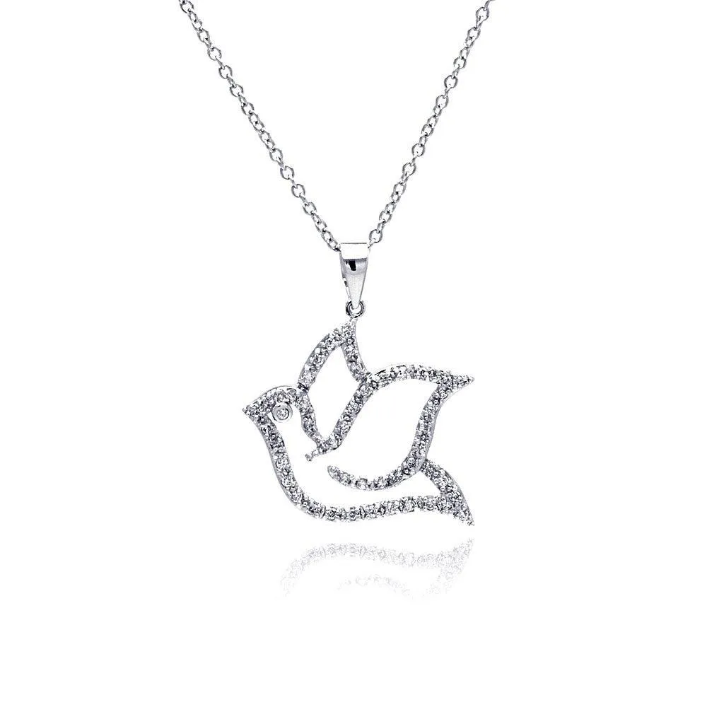 Silver 925 Rhodium Plated Open Dove CZ Necklace - BGP00334