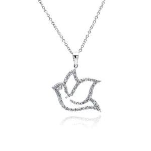 Silver 925 Rhodium Plated Open Dove CZ Necklace - BGP00334