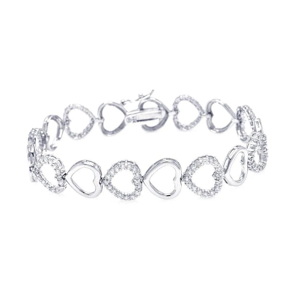 Silver 925 Rhodium Plated Open Heart Clear CZ Bracelet - STB00378