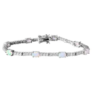 Silver 925 Rhodium Plated Oval Opal and Round CZ Tennis Bracelet - BGB00264