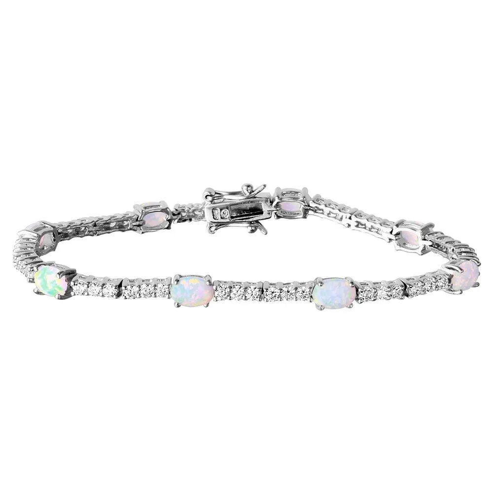 Silver 925 Rhodium Plated Oval Opal and Round CZ Tennis Bracelet - BGB00264