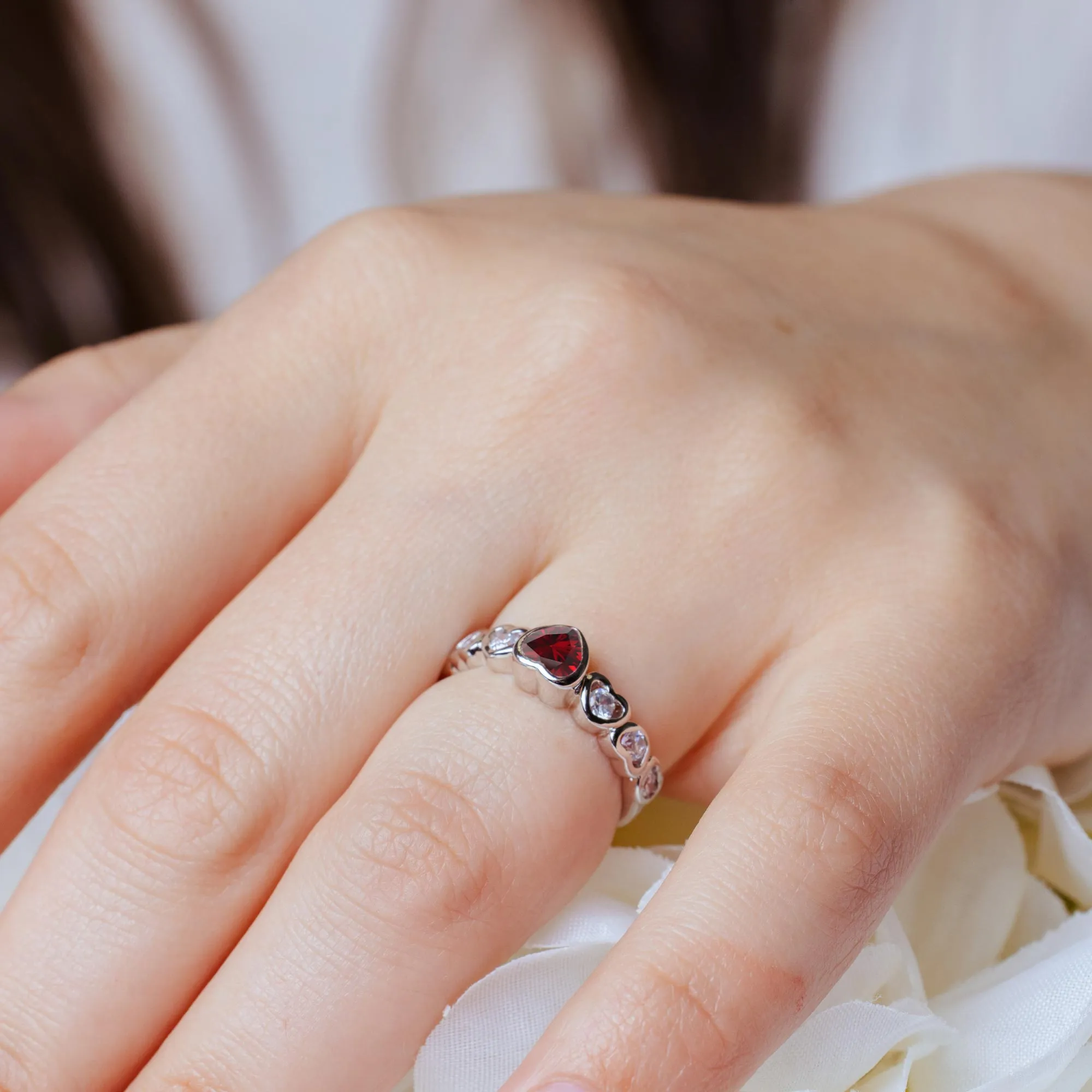 Silver 925 Rhodium Plated Red Center CZ Heart Ring - BGR00014RED