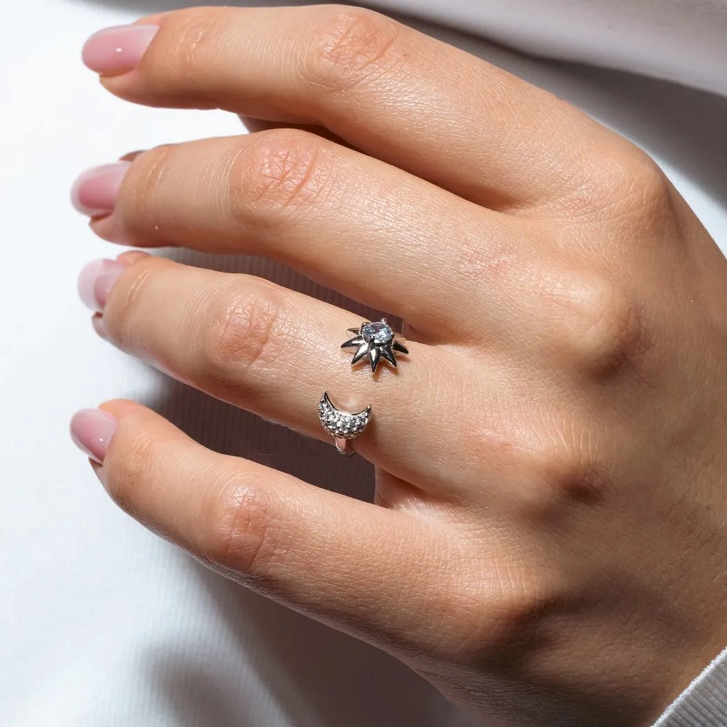 Silver 925 Rhodium Plated Sun and Moon Open Ring with CZ Accents - BGR00986