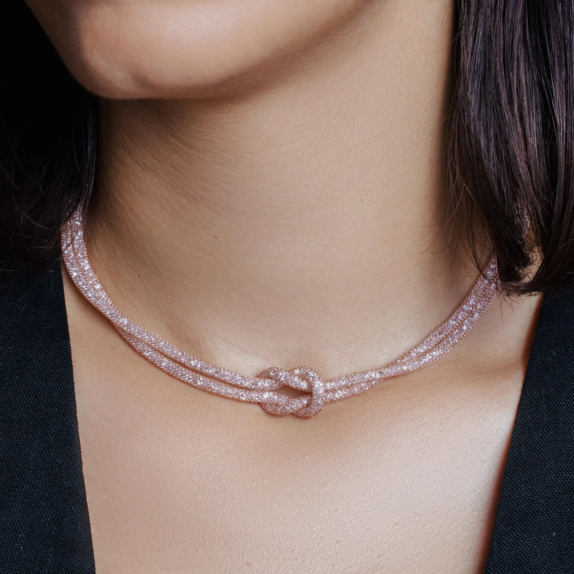 Silver 925 Rose Gold Plated Mesh with Crystals Stones Necklace - ECN00010R