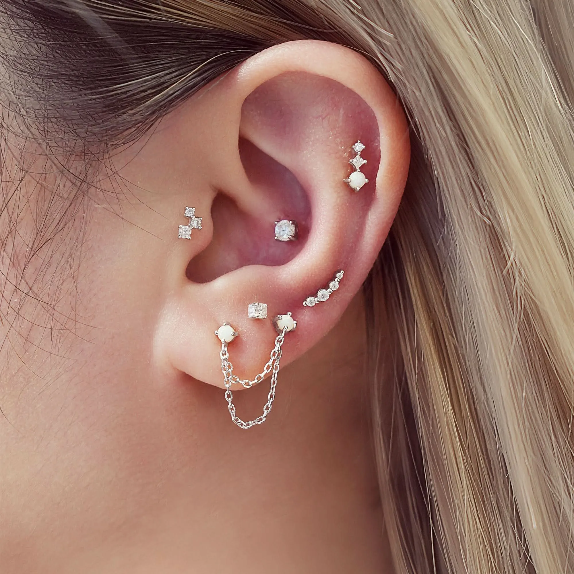 Silver Bezel Beaded Stone Stud Earrings E065-01H