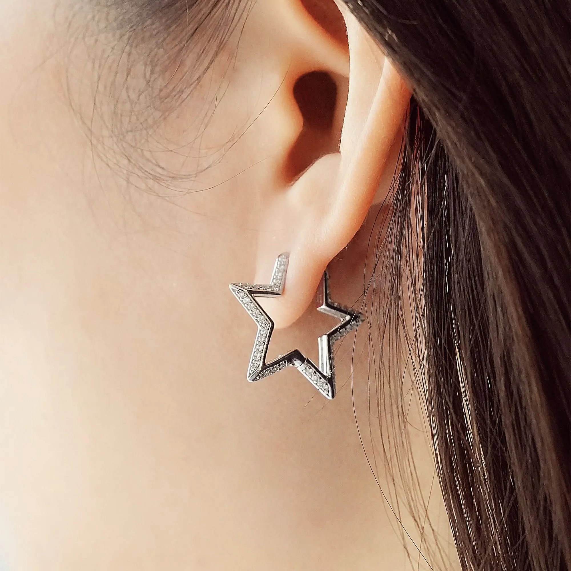 Silver Medium Star Pav Hoop Earrings E064-05H