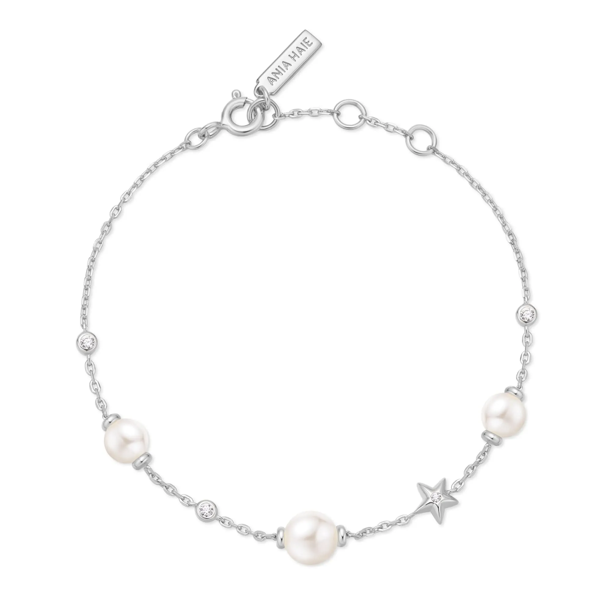 Silver Pearl and Star Station Bracelet B065-05H