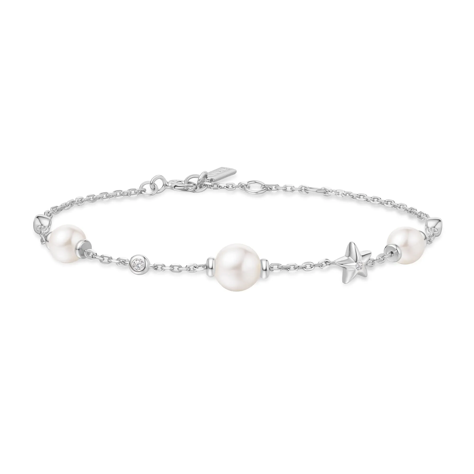 Silver Pearl and Star Station Bracelet B065-05H