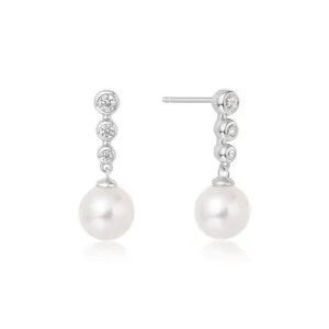 Silver Tennis Beaded Stone Pearl Drop Stud Earrings E065-03H