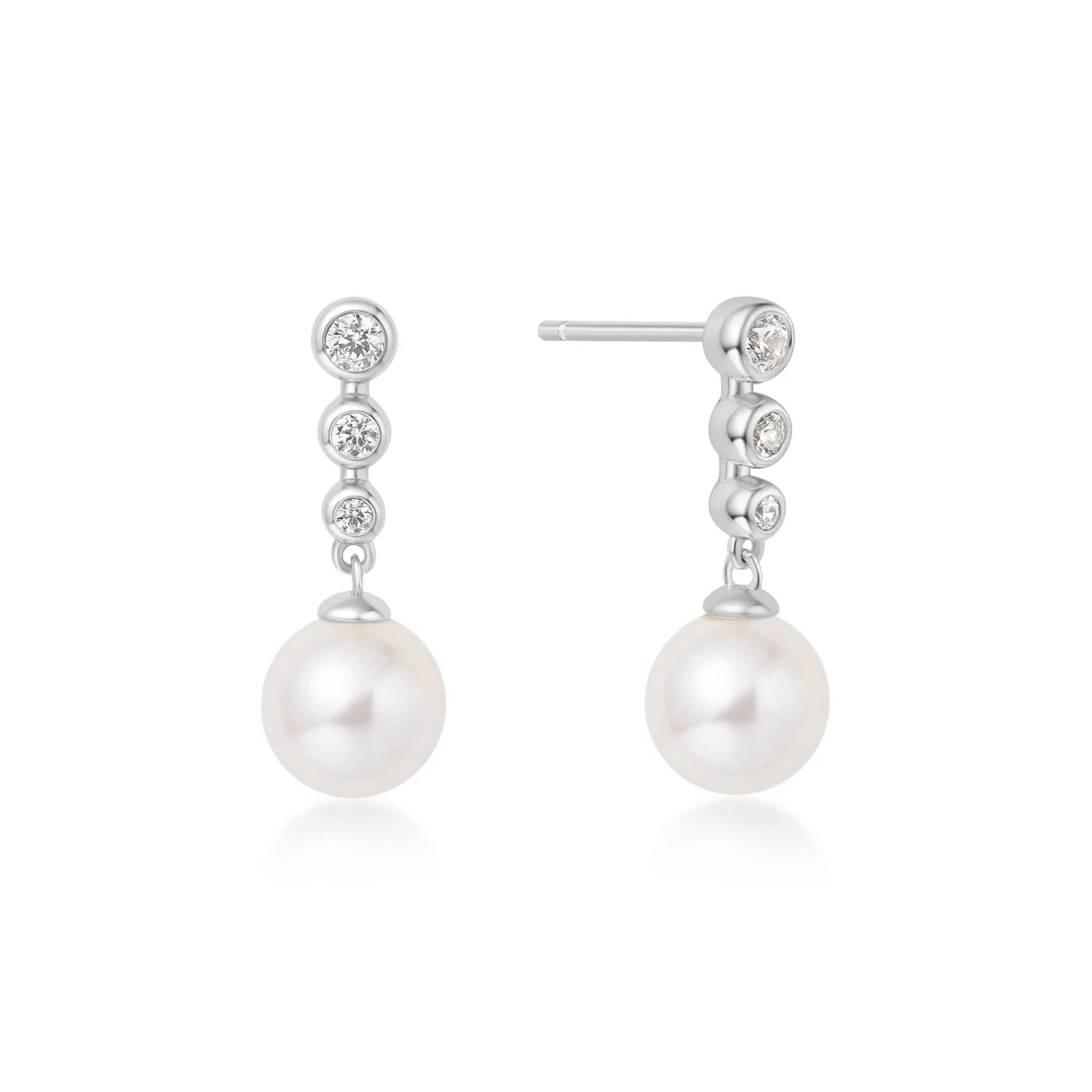 Silver Tennis Beaded Stone Pearl Drop Stud Earrings E065-03H