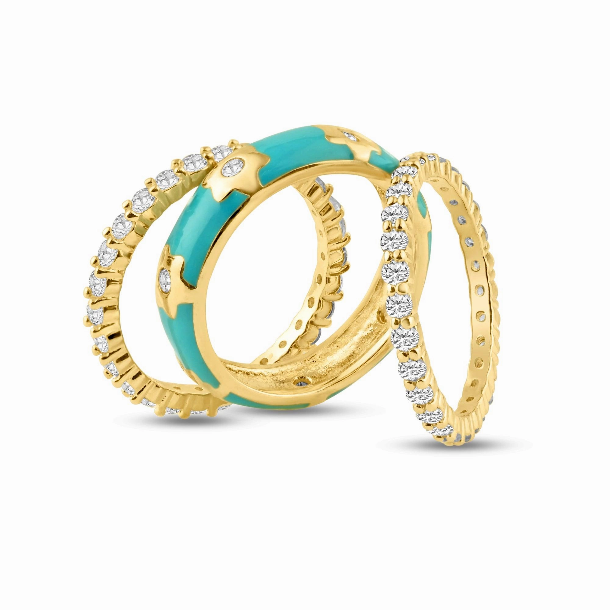 Silver 925 Gold Plated Blue Enamel CZ Flower Stackable Ring Set - STR00554
