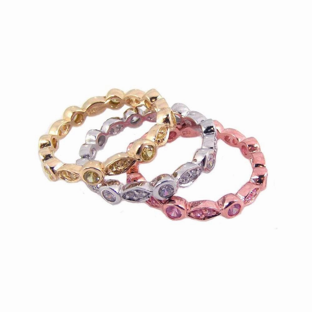 Silver 925 Rhodium, Gold, and Rose Gold Plated Multi Color CZ Stackable Ring - STR00454