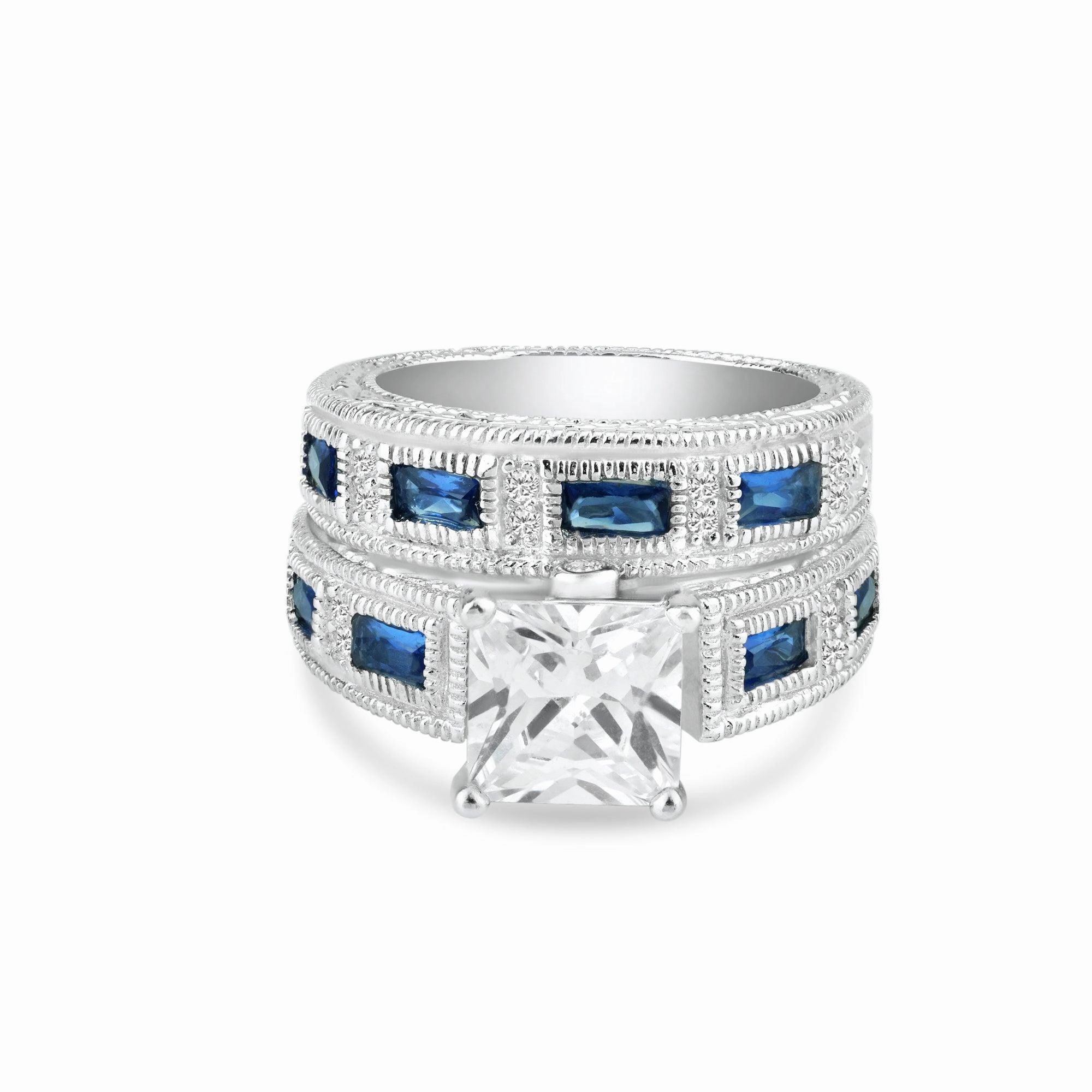 Silver 925 Rhodium Plated Blue Baguette and Clear CZ Ornate Ring - STR00482