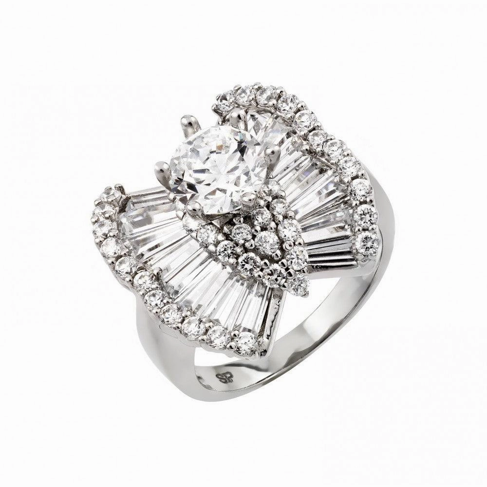 Silver 925 Rhodium Plated Clear Baguette Round Pave Set CZ Butterfly Ring - GMR00005