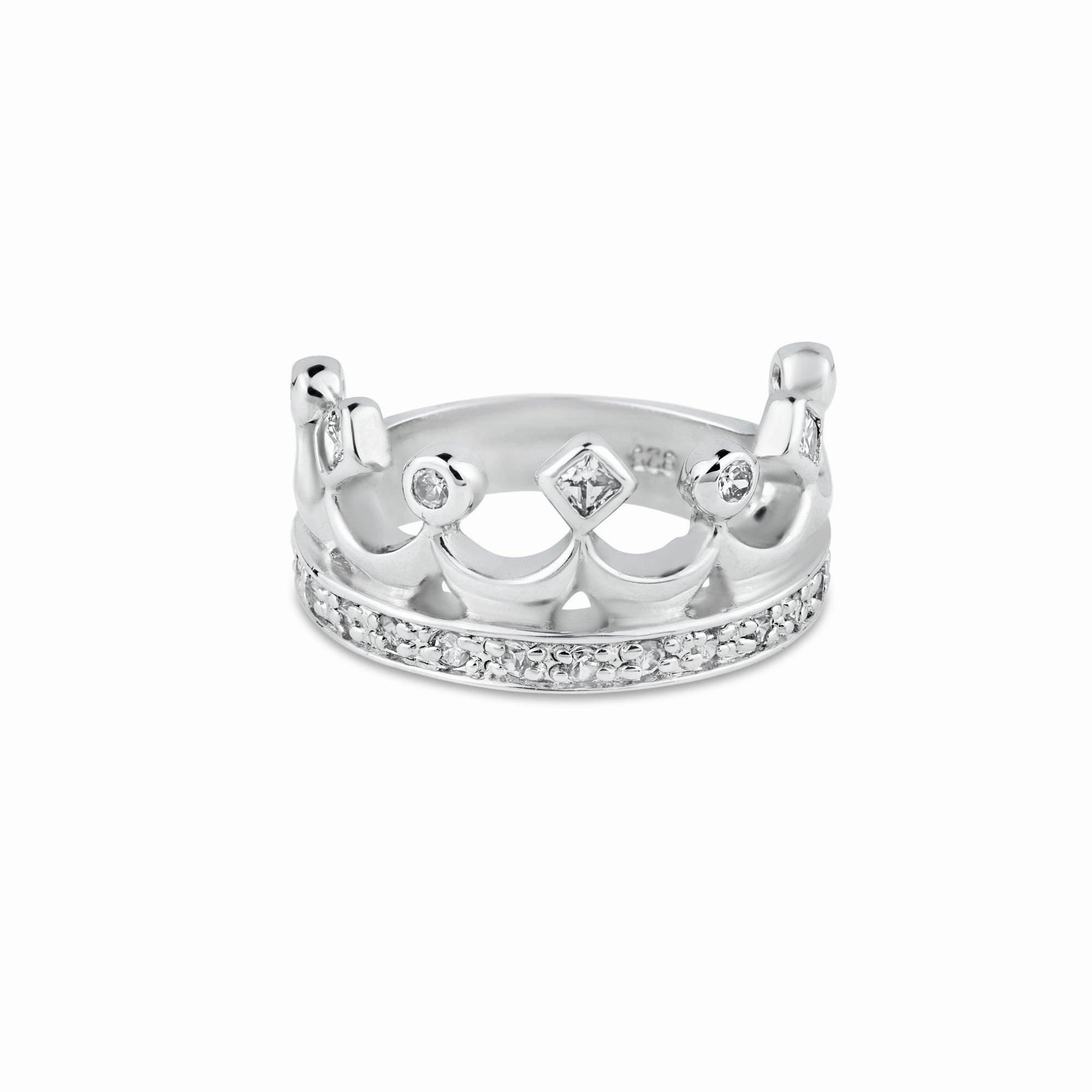 Silver 925 Rhodium Plated Clear CZ Crown Ring - BGR00002