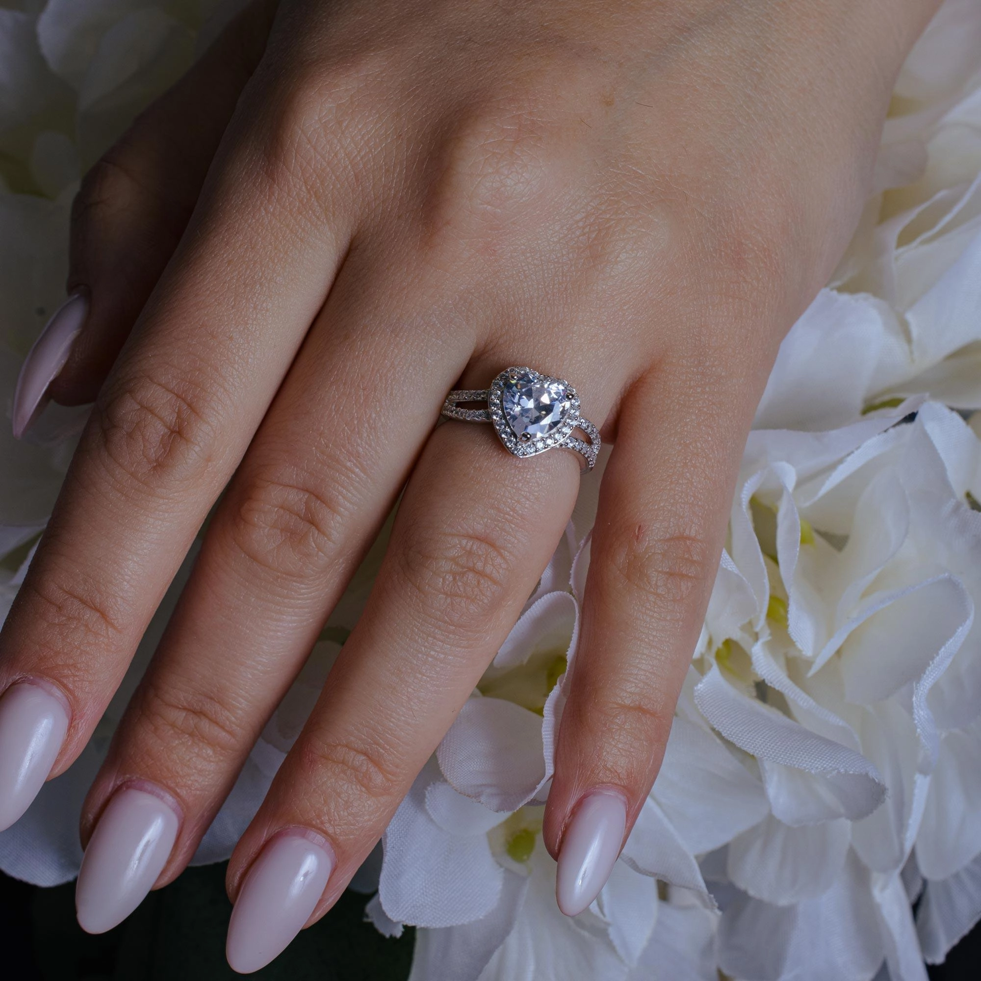 Silver 925 Rhodium Plated Clear CZ Heart Bridal Ring - BGR00570