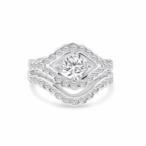 Silver 925 Rhodium Plated Clear Micro Pave Set CZ Estate Engagement Ring Set - BGR00713