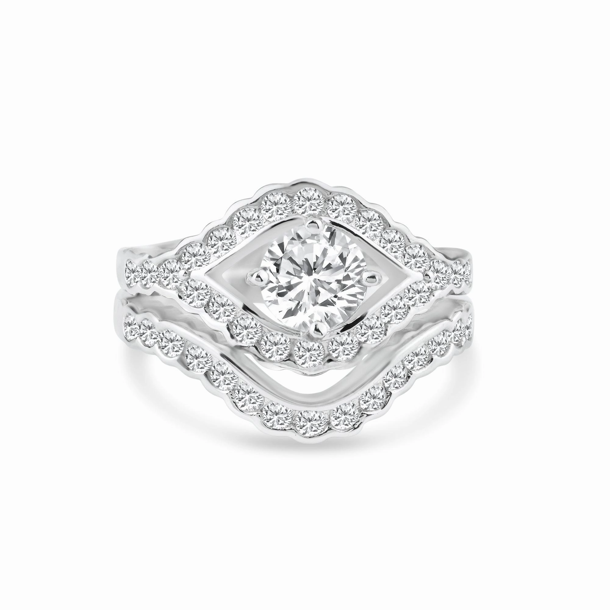 Silver 925 Rhodium Plated Clear Micro Pave Set CZ Estate Engagement Ring Set - BGR00713