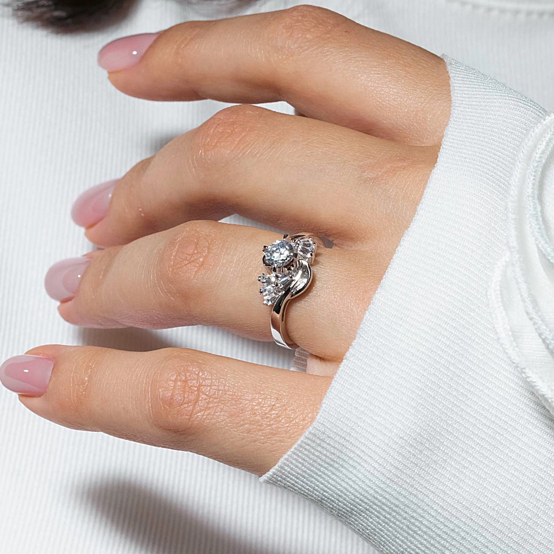 Silver 925 Rhodium Plated Clear Multi Shaped CZ Twist Fan Bridal Ring - BGR00724
