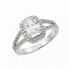 Silver 925 Rhodium Plated Clear Rectangular Center and Cluster CZ Bridal Engagement Ring - BGR00912