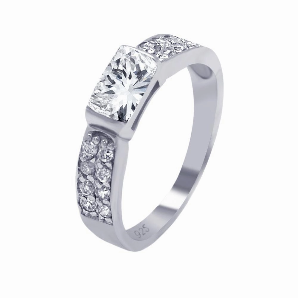 Silver 925 Rhodium Plated Clear Rectangular Center Pave CZ Ring - AAR0002CLR