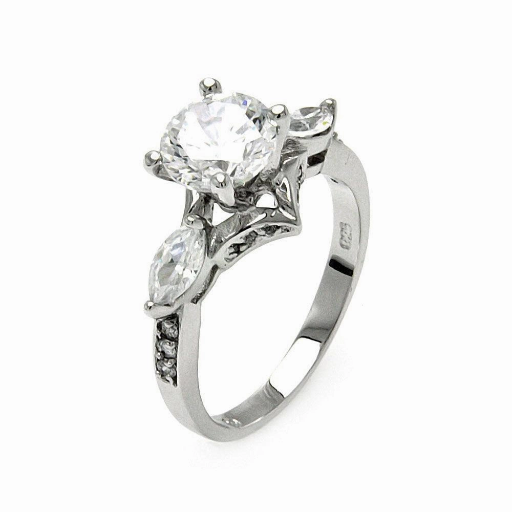 Silver 925 Rhodium Plated Clear Round Center and Marquise Sides CZ Bridal Ring - BGR00554