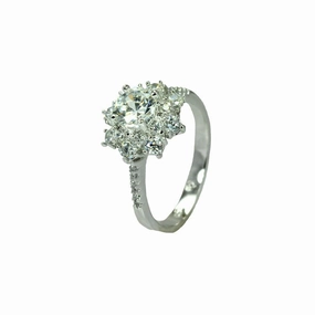 Silver 925 Rhodium Plated Clear Round Center Micro Pave Set CZ Flower Bridal Ring - BGR00732