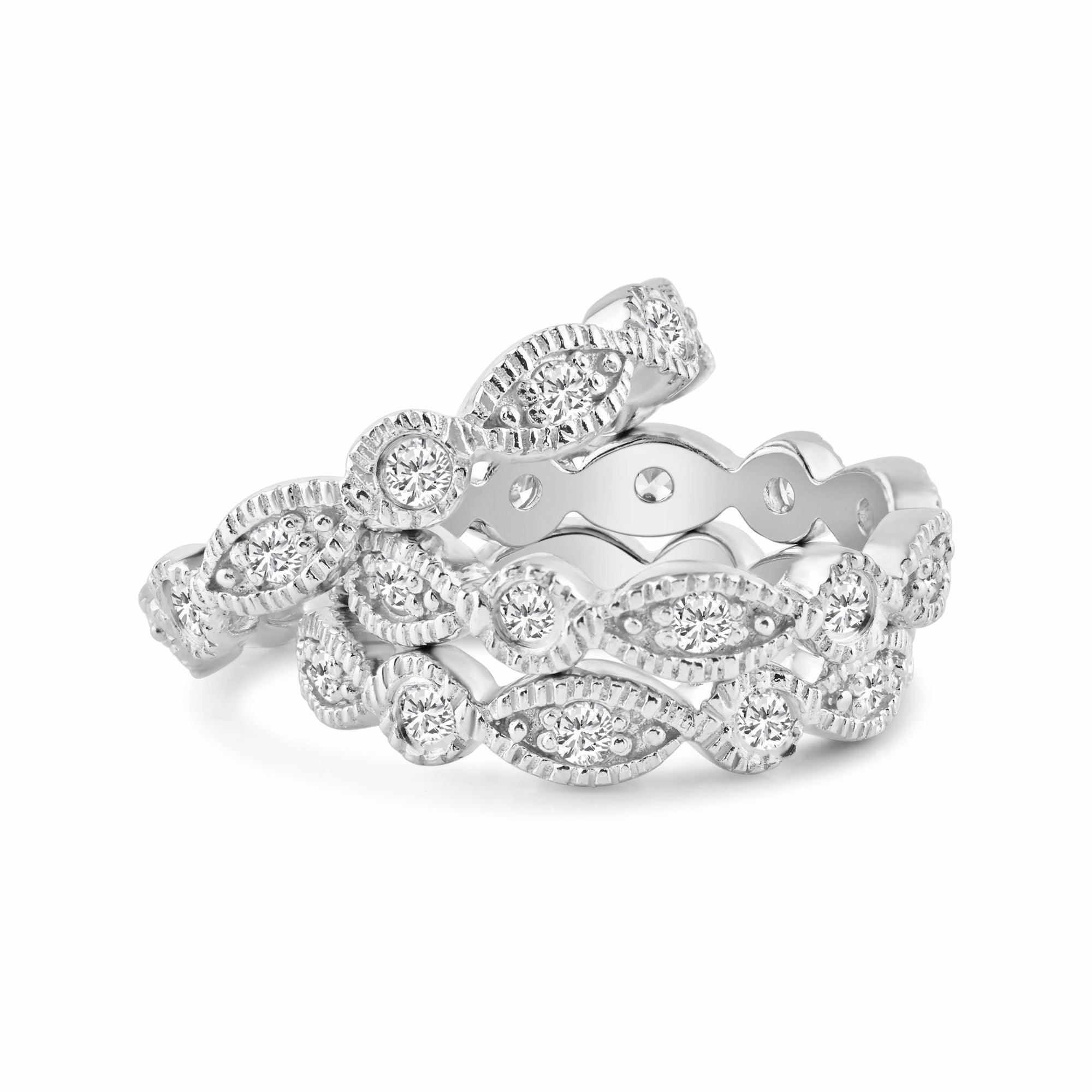 Silver 925 Rhodium Plated Clear Round Marquise CZ Stackable Eternity Ring Set - AAR0019