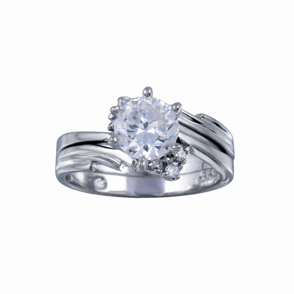 Silver 925 Rhodium Plated Clear Round Sided Solitaire CZ Engagement Ring Set - ANT00014