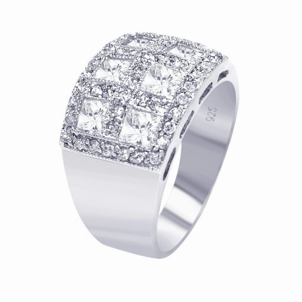 Silver 925 Rhodium Plated Clear Square Pave CZ Cigar Band Bling Ring - AAR0055