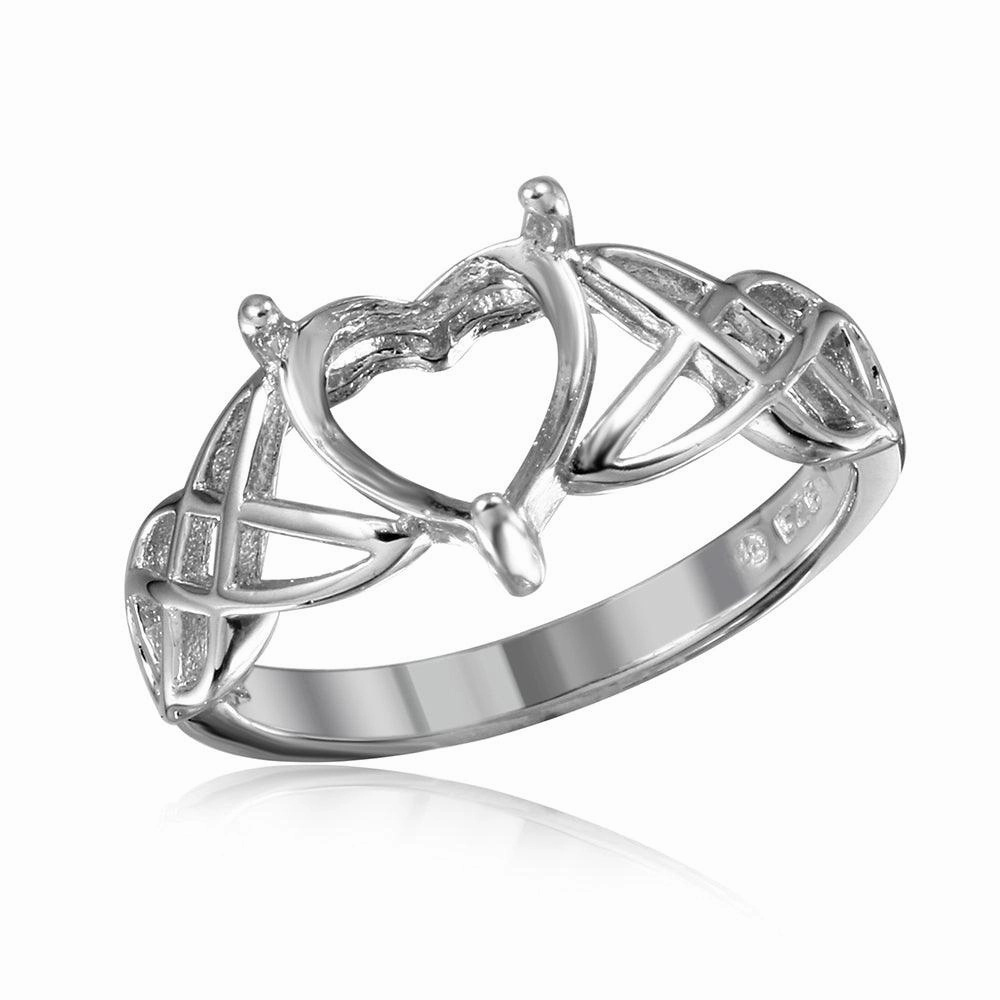 Silver 925 Rhodium Plated Criss Cross Designed Shank Heart Mounting Ring - BGR01016