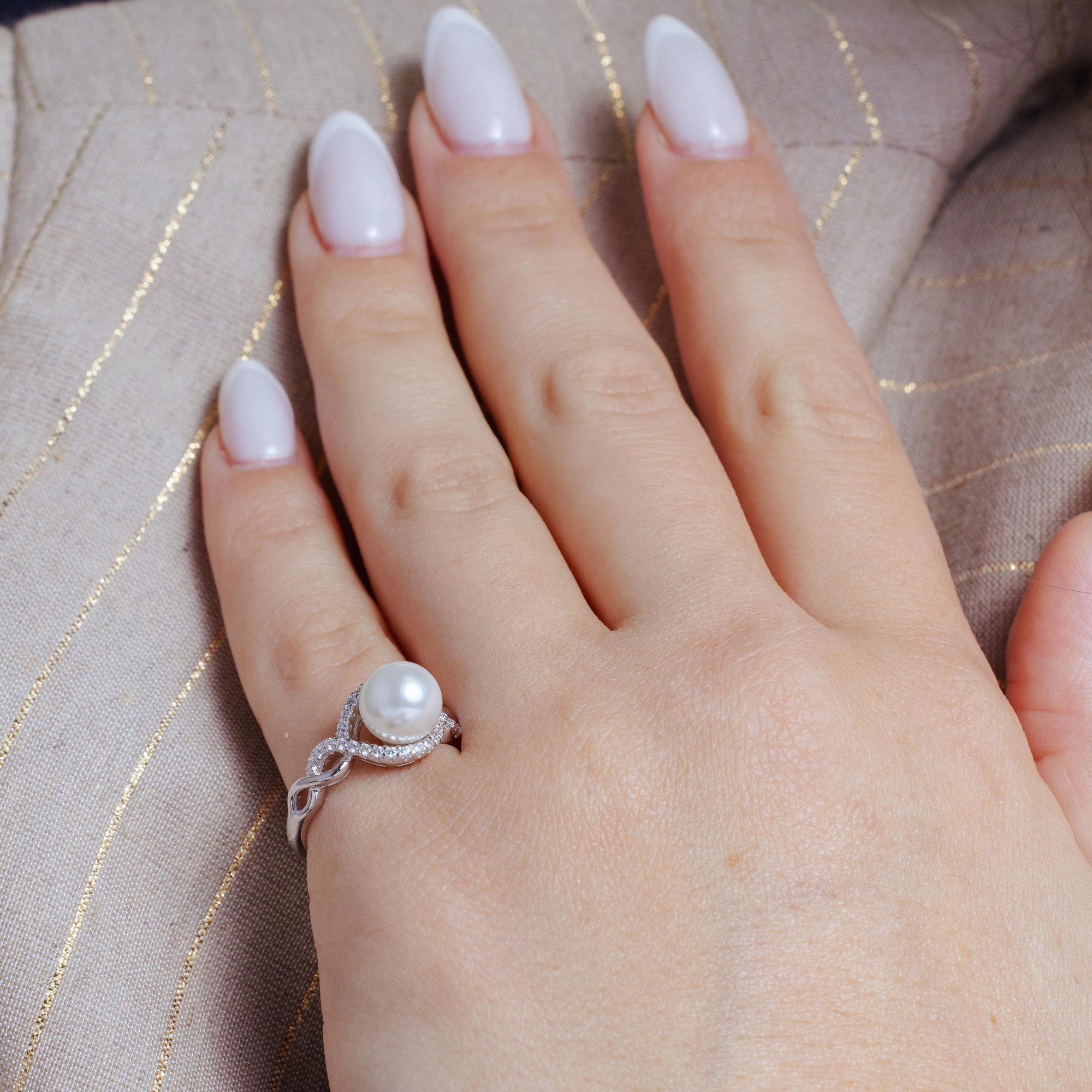 Silver 925 Rhodium Plated CZ Accented Faux Pearl Ring - BGR01000