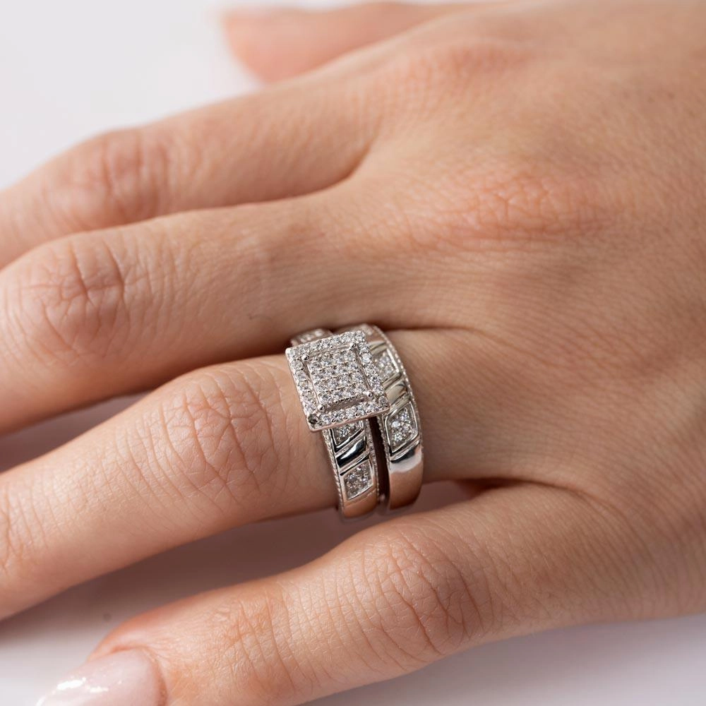Silver 925 Rhodium Plated CZ Pave Square Center Ring - GMR00166