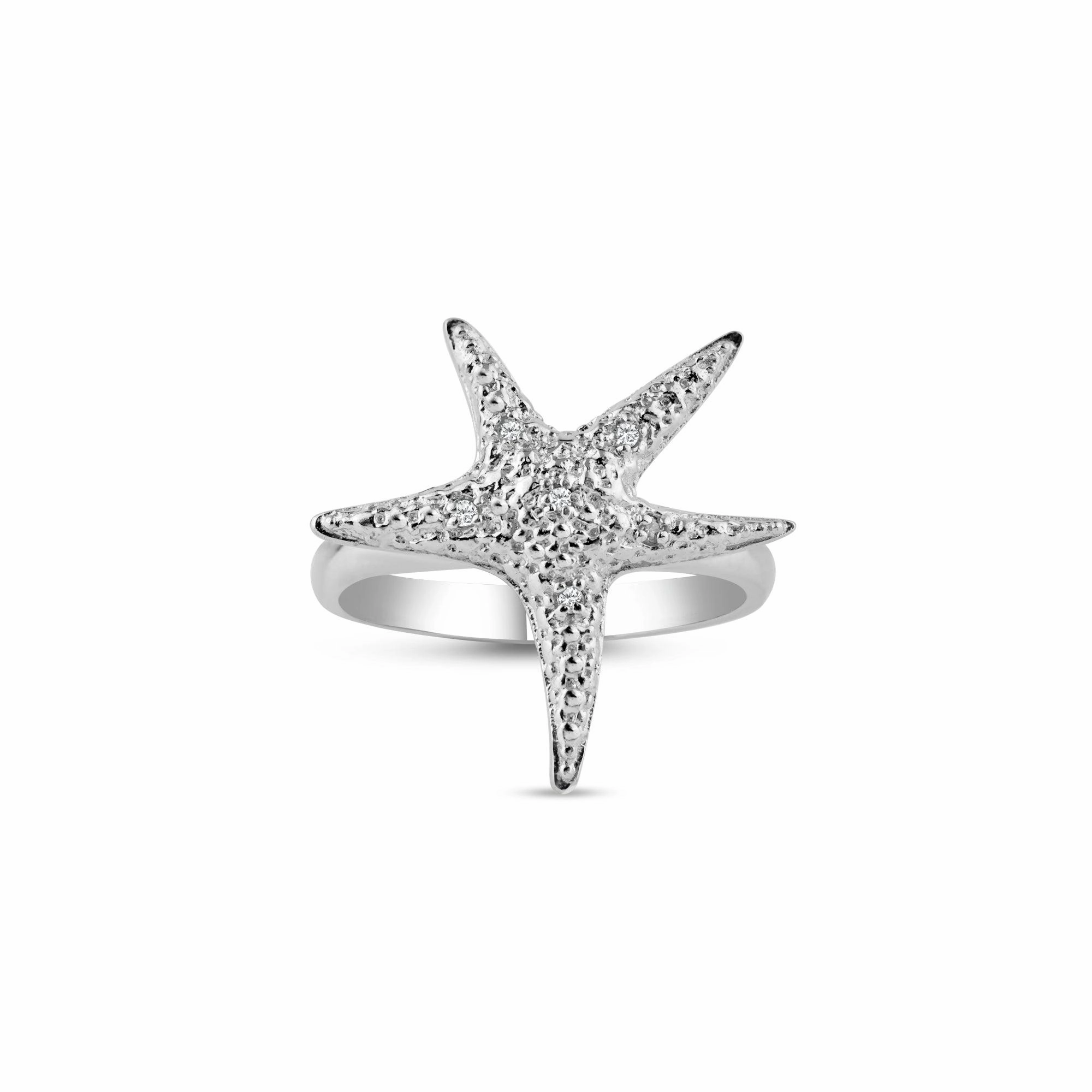 Silver 925 Rhodium Plated CZ Starfish Ring - STR00604