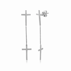Silver 925 Rhodium Plated Double Hanging Cross Earrings - DIE00001RH