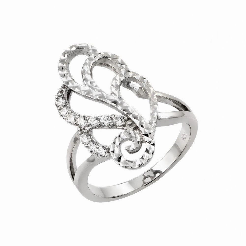 Silver 925 Rhodium Plated Filigree Round Clear CZ Ring - STR00943