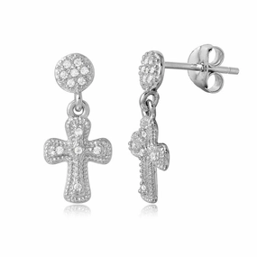 Silver 925 Rhodium Plated Hanging Cross CZ Earrings - BGE00486