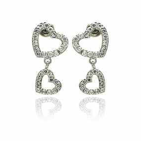 Silver 925 Rhodium Plated Heart CZ Dangling Earrings - STE00240